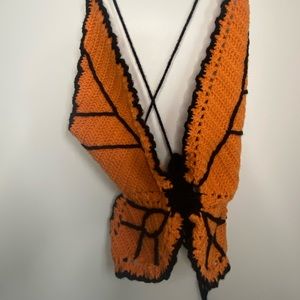 Orange crocheted butterfly top with adjustable straps for large bust